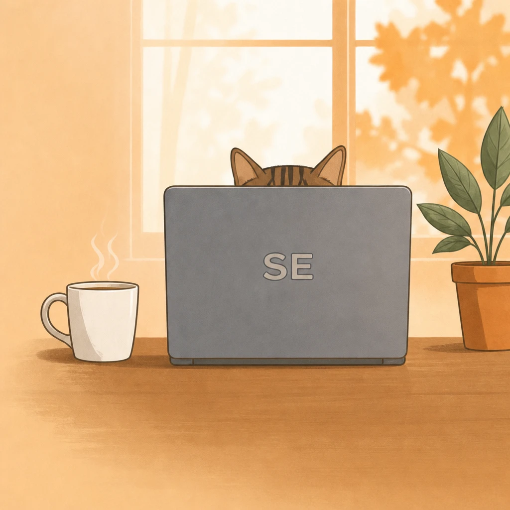 A cat peeking over a laptop by a sunlit window, next to a steaming coffee cup and a plant.
