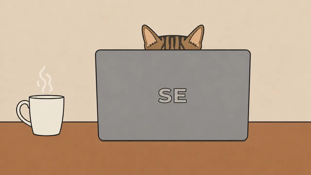 A cat peeking over the top of a laptop lid, next to a steaming coffee mug.