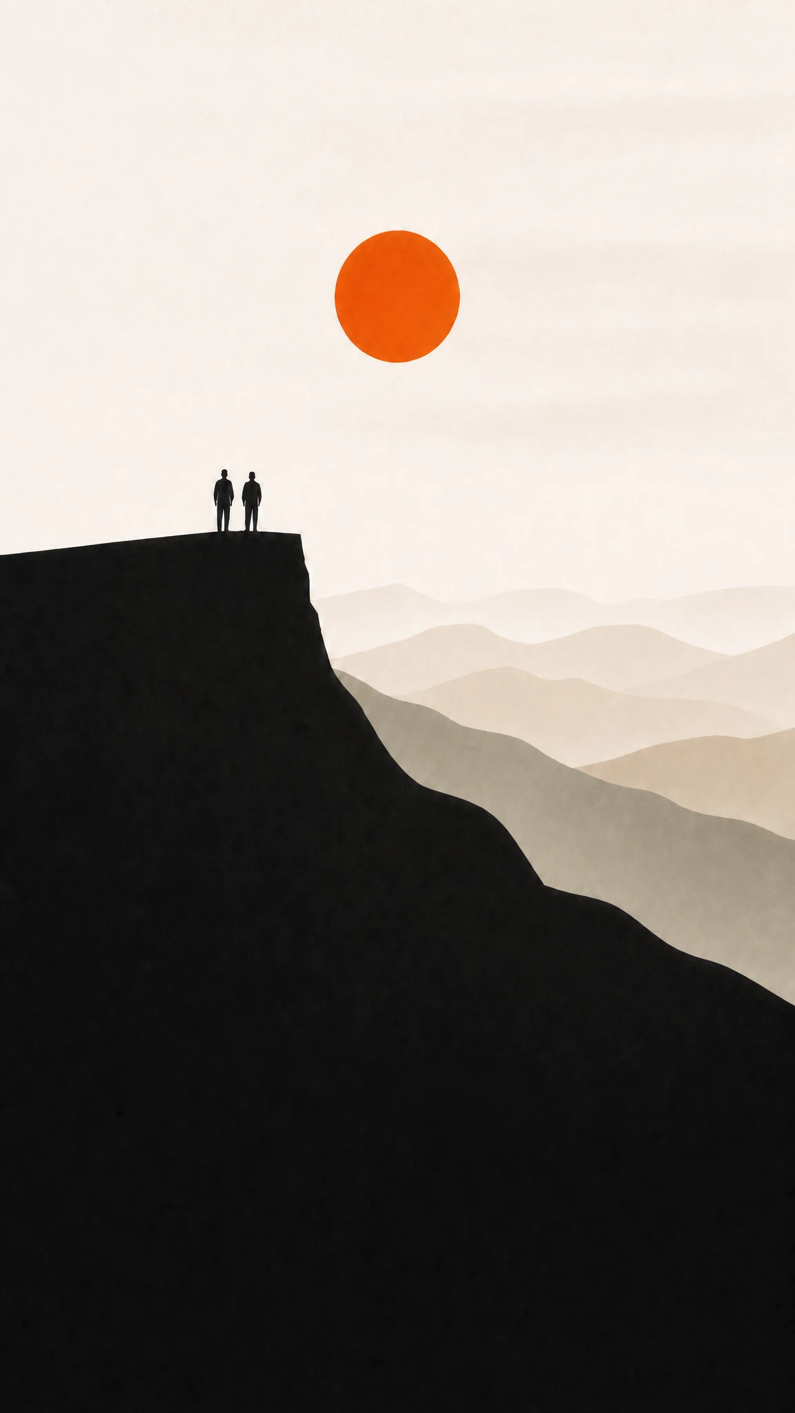 Two silhouettes standing on a dark summit beneath a large orange sun, overlooking layered mountains.